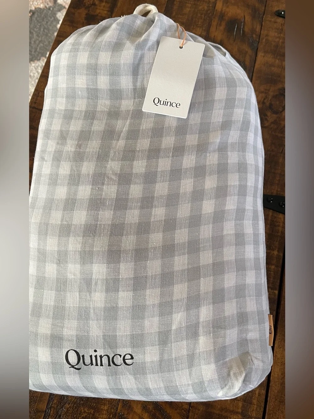 NWT Quince European Linen Gingham 4 Pc Sheet Set, King (Blue Fog)